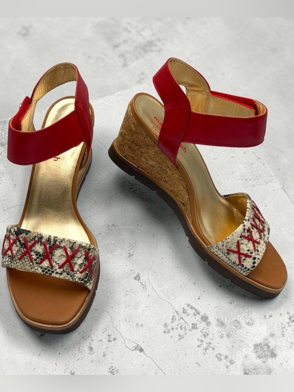 Marc Joseph Dyckman Street Sandals Wedge in Red and Beige Size 5